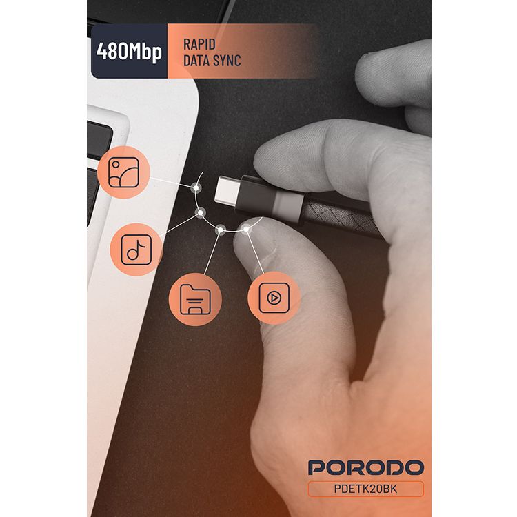 Porodo USB-C to USB-C Wristband Cable with Magnetic Steel Clasp, 60W Power Delivery, 480Mbps Data Transfer Speed, Wearable Design, 20cm Cable Length, PU Leather & Zinc Alloy Material - Black