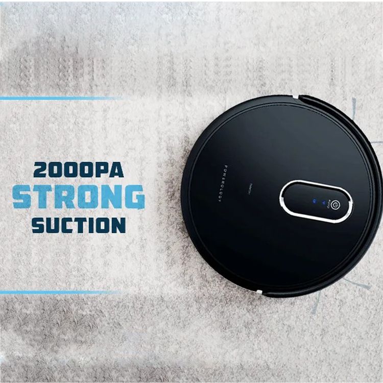 Powerology Smart Robot Vacuum Cleaner with Detection Sensors, 2000Pa Suction Power, 120 Minutes Working Time, Re-Washable HEPA Filter, Google Voice Assistant, 500mL Bin Capacity - Black