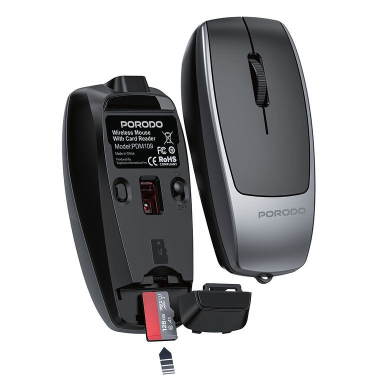 Porodo 1600DPI Wireless Mouse with Card Reader, 120mAh Battery, ABS Material, Bluetooth Version 5.1, 10m Working Distance, Silent Efficient Performance, Plug & Play - Black