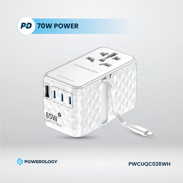 Powerology Universal 85W Super Charger with Retractable Type-C Cable, 70W Power Delivery, GaN Technology, Simultaneous Charging, Spare Fuse Included - White