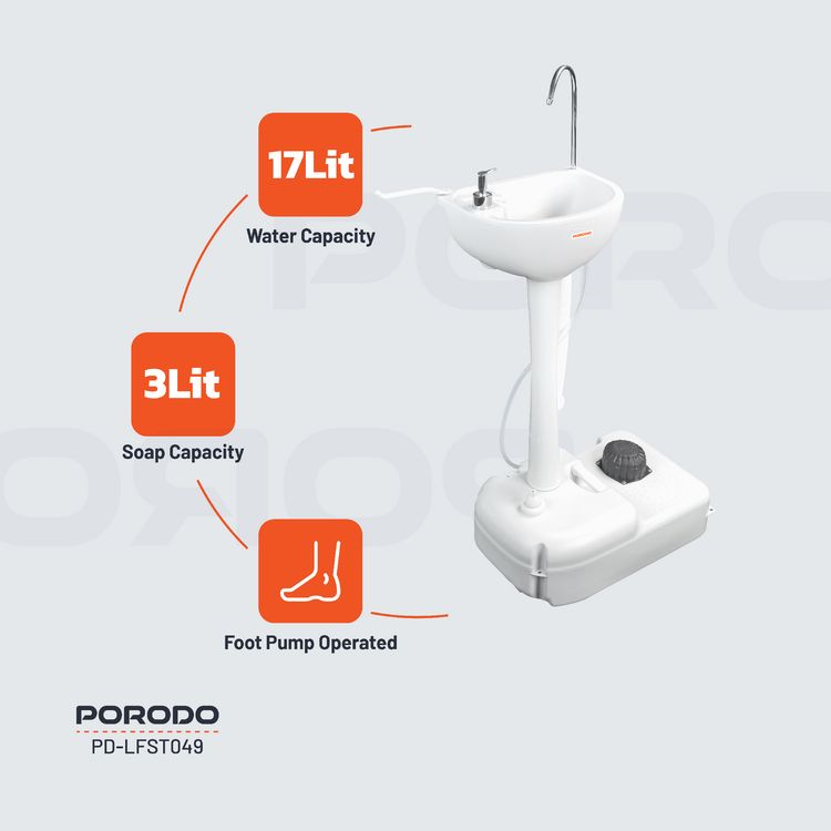 Porodo Lifestyle Portable Handwash Station, Dispenses 220mL of Water Per Pump, 17L Water Capacity, 3L Soap Capacity, Foot Pump Operated, Efficient Pumping System - White