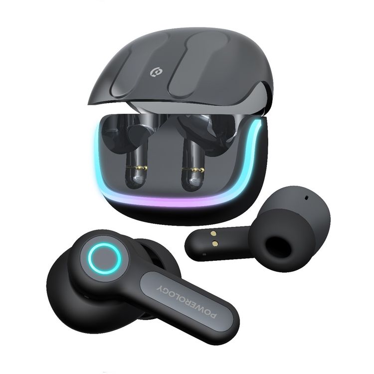 Powerology Quad Mic ENC True Wireless Earbuds, 6h Playtime, Bluetooth 5.3, Type-C Charging, 10m Transmission Distance, RGB Lights - Black