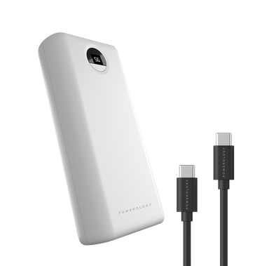 Powerology Quick Charge Power Bank 30000mAh PD 45W with Type-C to Type-C Cable 0.9m, Super Compact, USB-C Input & Output, 2 USB-A Output, Fast Charging, Digital Display Indicator - White