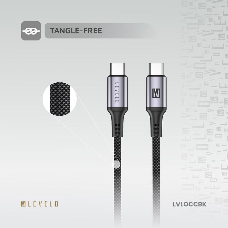 Levelo Otto USB-C to USB-C Cable with Heat-Resistant, Fast Charge & Data Sync, 480Mbps Data Transfer Rate, Tangle-Free, 1.2m Cable Length - Black