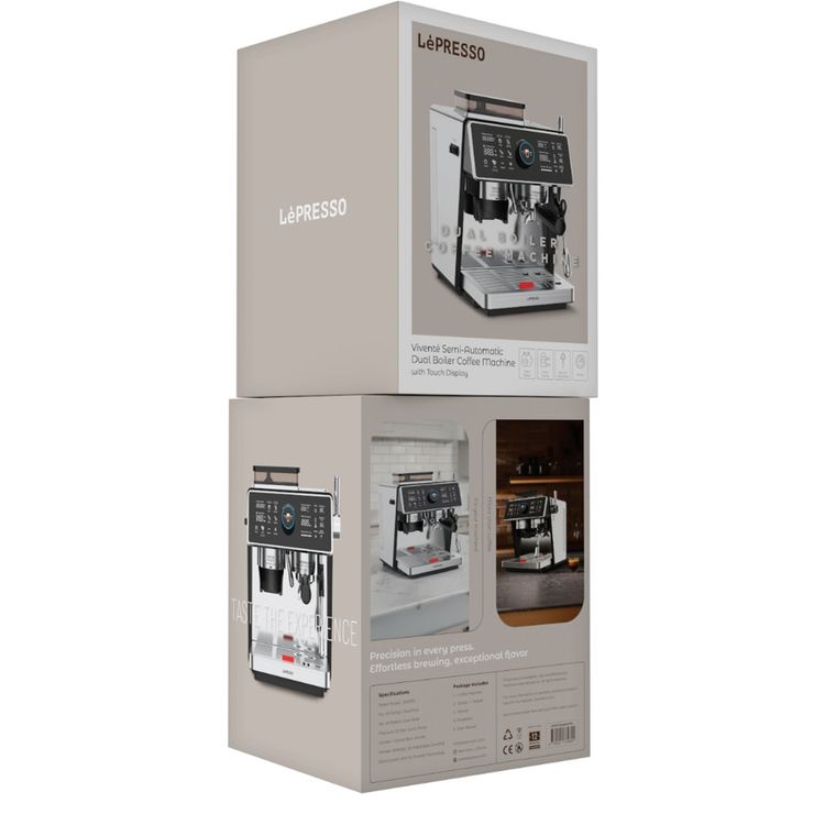 LePresso Viventé Semi-Automatic Dual Boiler Coffee Machine with Touch Display, Conical Burr Grinder, 20bar ULKA Pump, 3000W Rated Power, Dual Pump, 30 Adjustable Grinding Settings, 58mm Portafilter - Silver