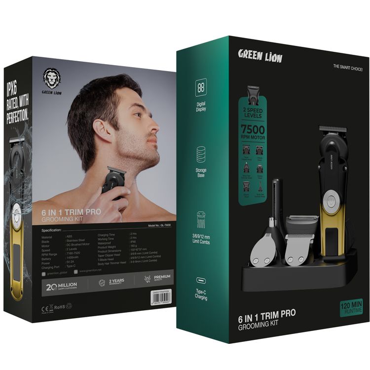 Green Lion 6-in-1 Trim Pro Grooming Kit with 3/6/9/12mm Limit Combs, Digital Display, Storage Base, Type-C Charging, 2 Speed Levels, 2 Hours Working - Black