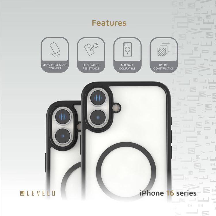 Levelo MagSafe Solo Case for iPhone 16, Clearview Technology, 3H Scratch Resistance, Hybrid Construction - Black 