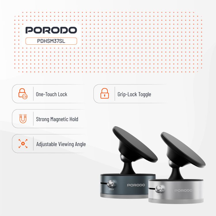 Porodo Multi-Surface MagSafe Phone Holder with Grip-Lock Toggle, ABS & PC & Aluminum Alloy Material, N52 Magnet Type , 1.5kg Adsorption Capacity, Adjustable Viewing Angle - Silver