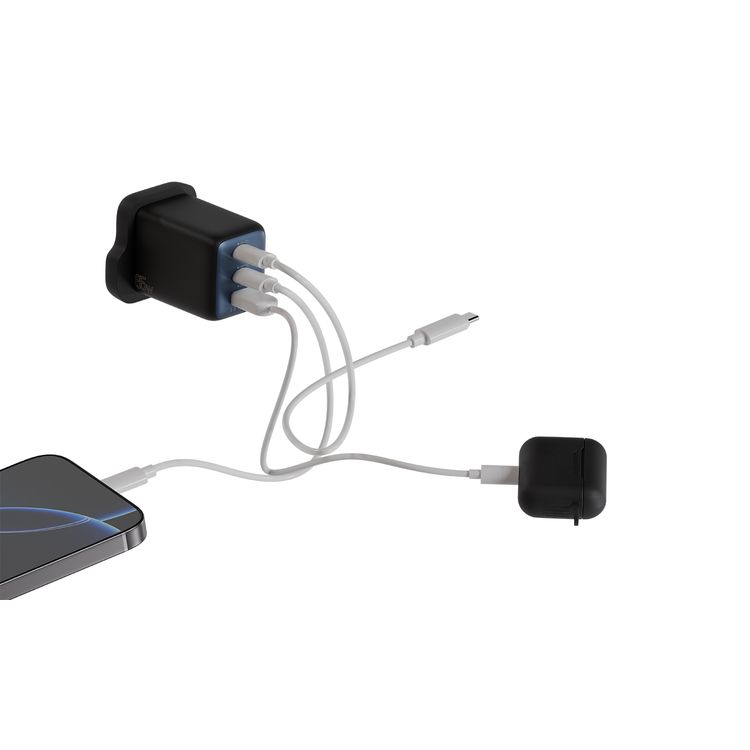 Levelo Vero GaN 65W Triple Port Adapter with 2× Type-C + USB-A Ports, Fast Charging, Over Charge Protection, UK Power Plug - Black / Blue