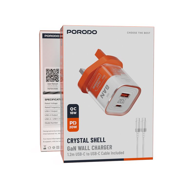 Porodo Crystal Shell GaN Wall Charger with 1.2m USB-C to USB-C Cable, Simultaneous Charging, 20W Power Delivery, Overheat Protection, 18W USB-A Output - Orange