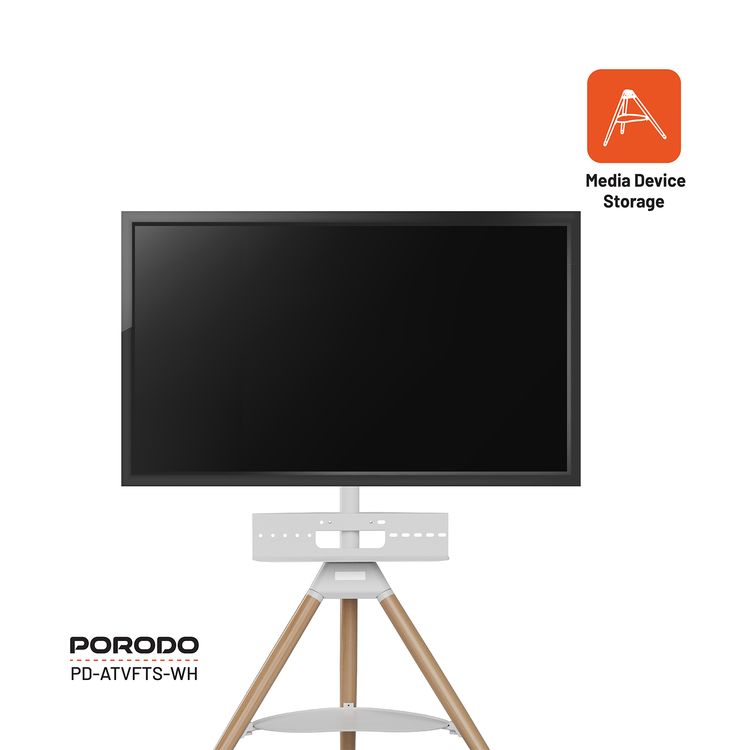 Porodo Wooden Tripod TV Stand with 35kgs Maximum Weight Capacity, 32"-65" Screen Compatibility, Media Device Storage, VESA Compatibility - White
