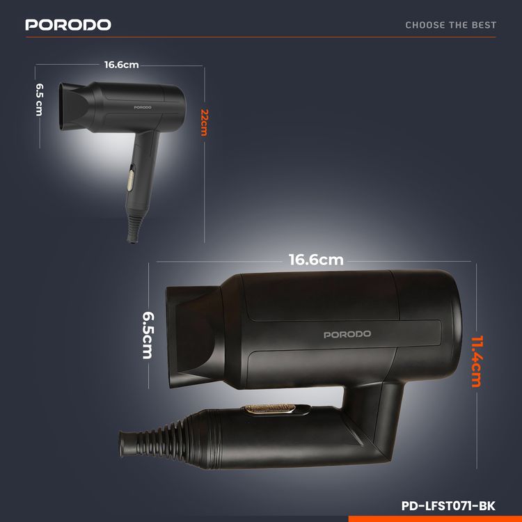 Porodo Lifestyle 1200W Foldable Hair Dryer with 1.8m Cable Length, Concentrator Nozzle, One-Slide Switch, Overheat Protection, Powerful Airflow, UK 3-Pin Plug, Portable - Black