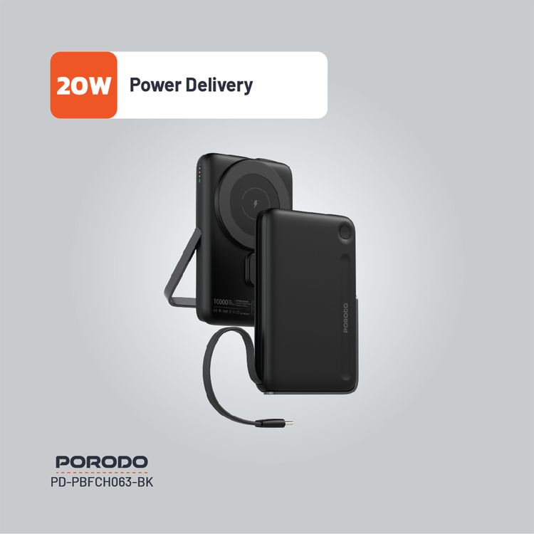 Porodo 10000mAh Power Bank with Built-in Type-C Cable & Stand, Strong Magnetic Hold, 20W Power Delivery, Fast Charging Support, 15W Wireless Output - Black