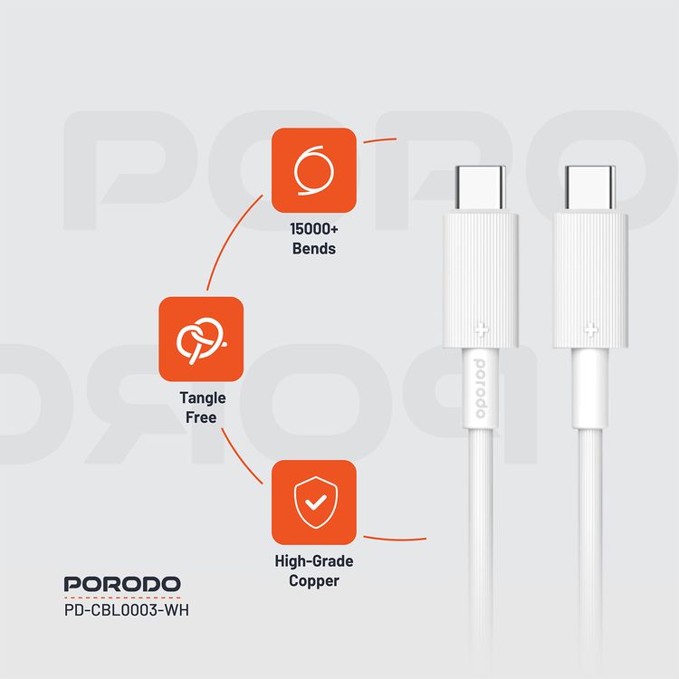 Porodo USB-C to USB-C PVC Cable, 480Mbps Transfer Speed, 60W Power Delivery, more than 15000 Bends Life Span, 1.2m Cable Length, Tangle Free - White