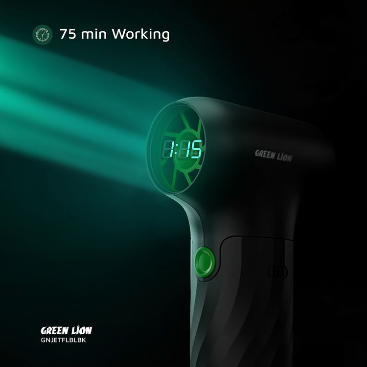 Green Lion Jetflow Air Blower with ABS & PC Material, 3× 2000mAh Battery Capacity, 3-Level Gear, Type-C Charging Port, 4 Hours Charging Time, 15-75 Minutes Working Time, LED Battery Indicator - Black