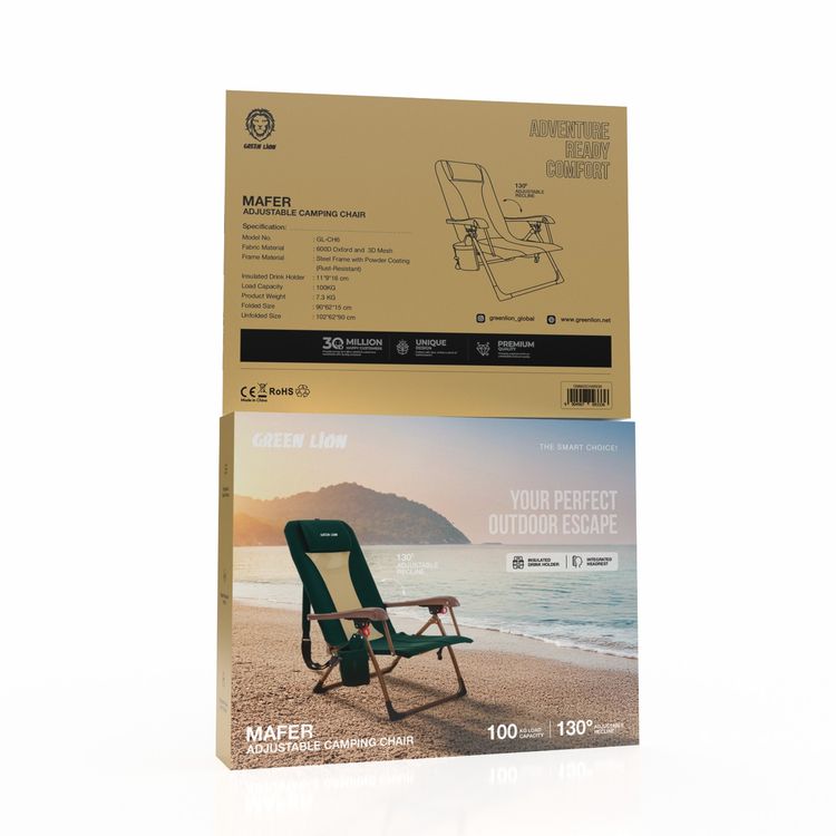 كرسي التخييم القابل للتعديل من جرين ليون مافر مع مساند ذراع قوية ومسند رأس مدمج، سعة تحميل تصل إلى 100 كيلوجرام، حامل مشروبات معزول، إطار فولاذي معزز، وضعية استلقاء قابلة للتعديل بزاوية 130 درجة، تصميم قابل للطي السريع - أخضر
