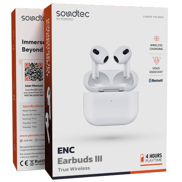 Porodo Soundtec ENC Earbuds III True Wireless with 4 Hours Working Time, Wireless Charging Compatibility, 10m Transmission Distance, Pop-Up Connection - White