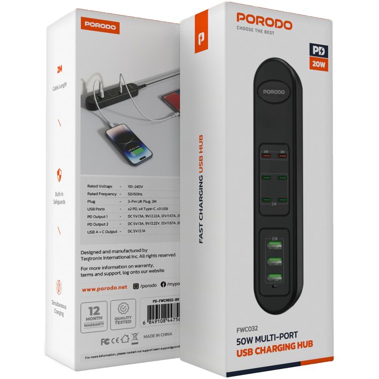 Porodo 50W Multi-Port USB Charging Hub with 20W Power Delivery, Simultaneous Charging, 2m Cable Length, Fast Charging Support, Built-in Safeguards - Black