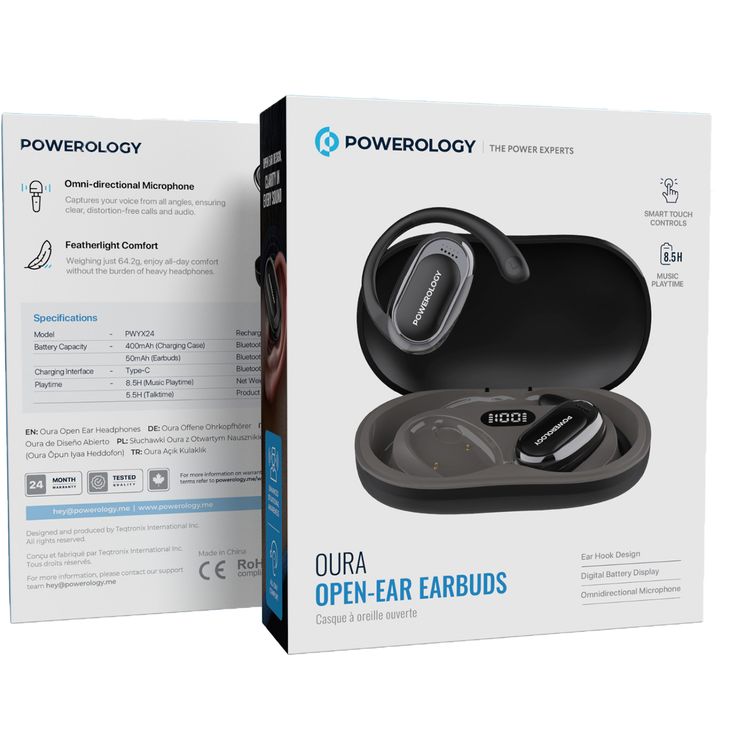 Powerology Oura Open-Ear Headphones with Enhanced Situational Awareness, Up to 8.5 Hours Battery Life, Type-C Charging Port, Bluetooth Version 5.4, 10m Bluetooth Transmission, Omnidirectional Microphone, Immersive Audio, Digital Battery Display, Ergonomic Fit - Black