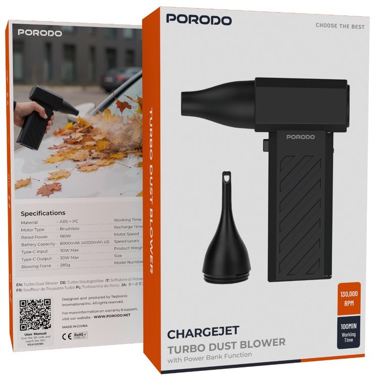 Porodo ChargeJet Turbo Dust Blower with Power Bank Function, Up to 100 Minutes Working Time, 4 Speed Levels, 180W Rated Power, Brushless Motor, 30W USB-C Output, Powerful Airflow - Black
