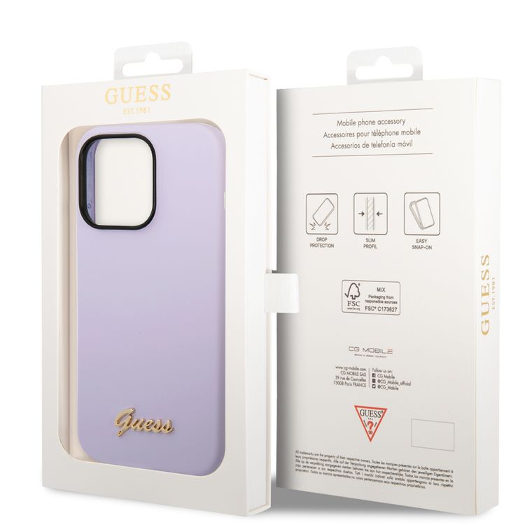 Guess Liquid Silicone Case With PC Camera Outline & Script Metal Logo - iPhone 14 Pro Max - Purple