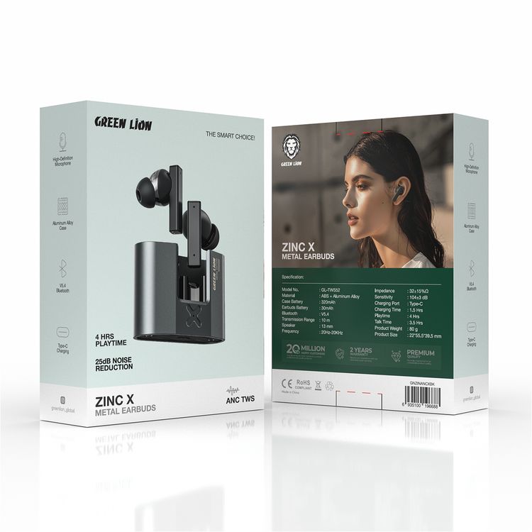 Green Lion ZINC X Metal Earbuds TWS with ANC, Aluminum Alloy Case, High-Definition Microphone, 25dB Noise Reduction, 10 Meters Transmission Range - Black