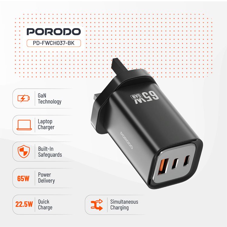 Porodo Triple Output Quick Wall Charger with 65W Power Delivery, Built-in Safeguards, Simultaneous Charging, 22.5W USB-A Output, Laptop Charging Compatibility - Black
