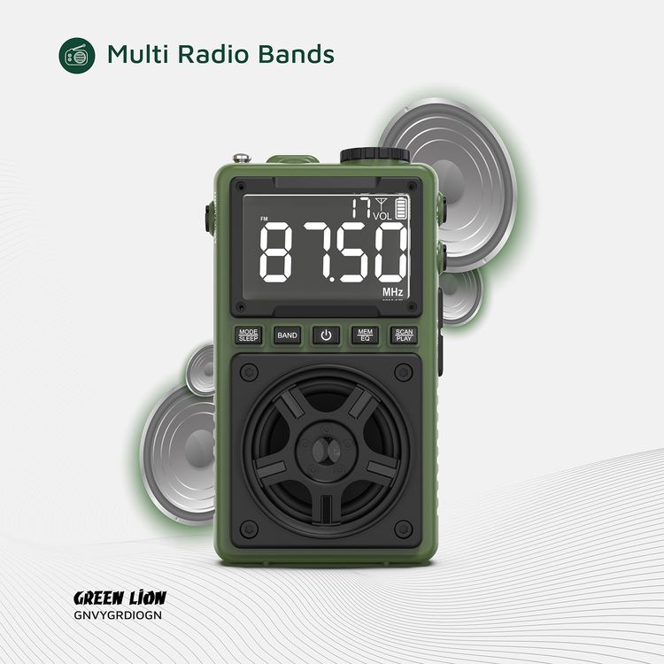 Green Lion Voyager Portable Radio with Bluetooth Speaker, 1.2W Flashlight, 6-7 Hours Playtime, 8-10m Transmission Range, Auto-Scan Mode, Lock & Sleep Function, 1.5 Hours Charging Time - Green
