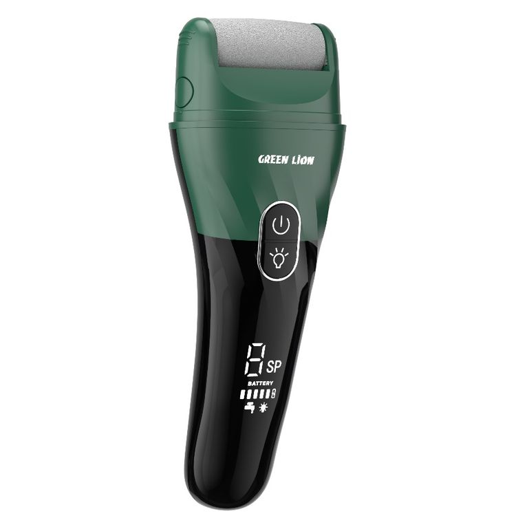 Green Lion Callus Remover with Protective Cap, 3 Detachable Roller Heads, Digital Display, 2 Speed Levels, 5W Power, 20 Minutes Auto Power-Off Function, Dual-Pin Charging Port - Green