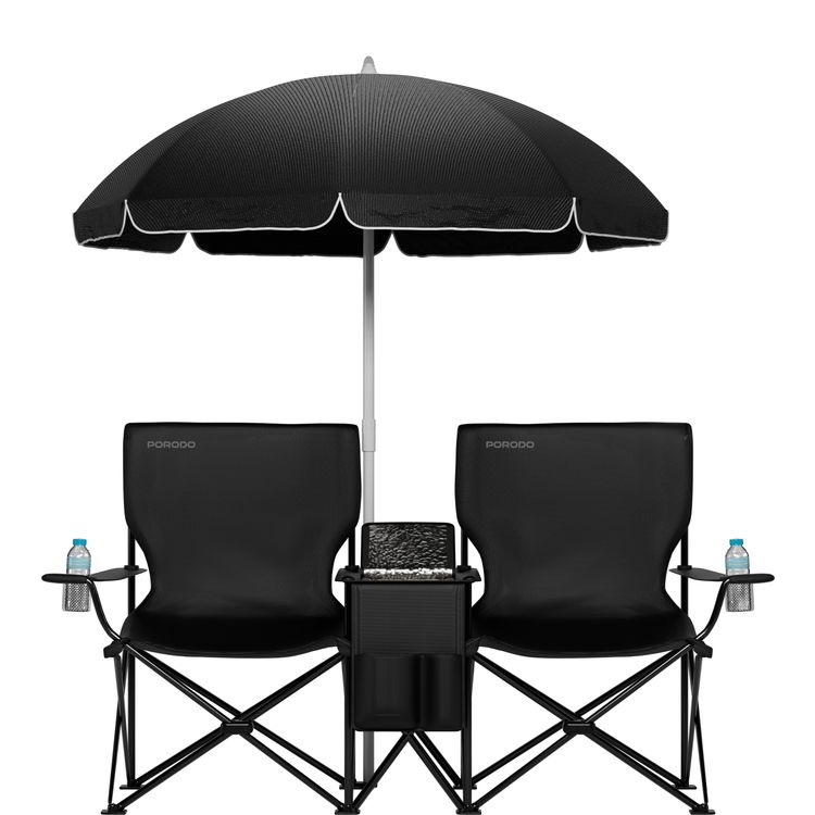 Porodo Dual Camping Chair with Detachable Sun Umbrella, ×2 120KG Max Load, Strong Steel X Frame, Cup Holder, Ice Pouch & Extra Storage, 12L Capacity, Double Foldable Chairs, Ideal for Camping, Tailgating, Beach etc. - Black
