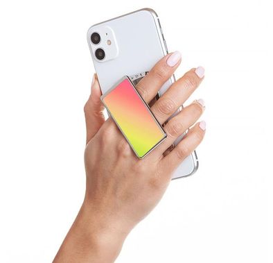 هاندل مقبض هاتف قزحي الألوان ، أزواج مع أي هاتف ذكي ، مسند متعدد الوظائف ، متوافق مع الشحن اللاسلكي وقبضة الهاتف والحامل - أزرق / وردي