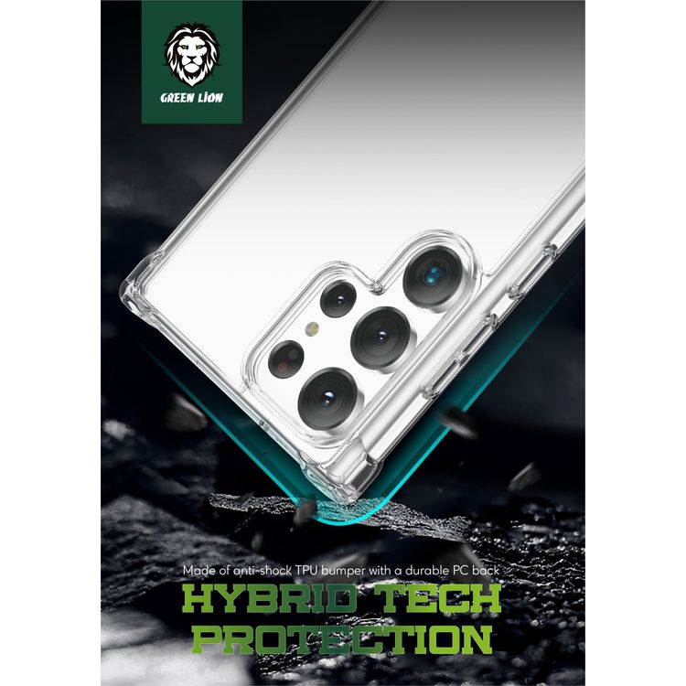 Green Lion 360° Anti-Shock Case for Samsung S23 Ultra, TPU & PC Hard Back Material, Anti-Scratch & Drop-Resistant, Anti-Yellowing, Slim Design - Clear