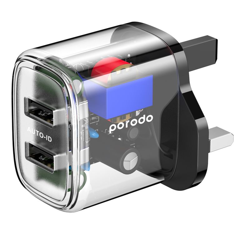 Porodo Dual Output Transparent Charger with 1.2m USB-A to Type-C Cable, 2.4A Auto-ID Technology, 12W Total Output, UK 3-Pin Plug, Simultaneous Charging, Universal Compatibility, Dual USB-A Outputs - Black