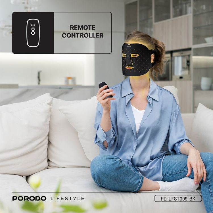 Porodo Lifestyle Red Light Therapy Face Mask with Portable Battery Connection, Type-C Charging Cable, 1000mAh Battery Capacity, 7-Color Light Therapy - Black
