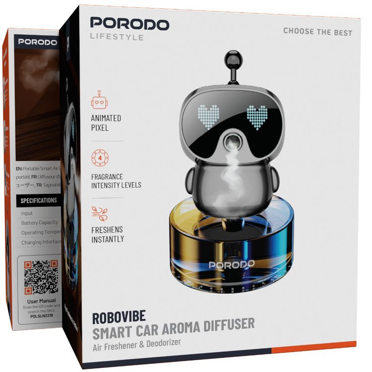 Porodo Robovibe Smart Car Aroma Diffuser with Animated Pixel, 4 Adjustable Fragrance Intensity Levels, 300mAh Battery, 50mL Oil Tank Capacity, USB-C Charging Port, Diffusing & Deodorization - Gray
