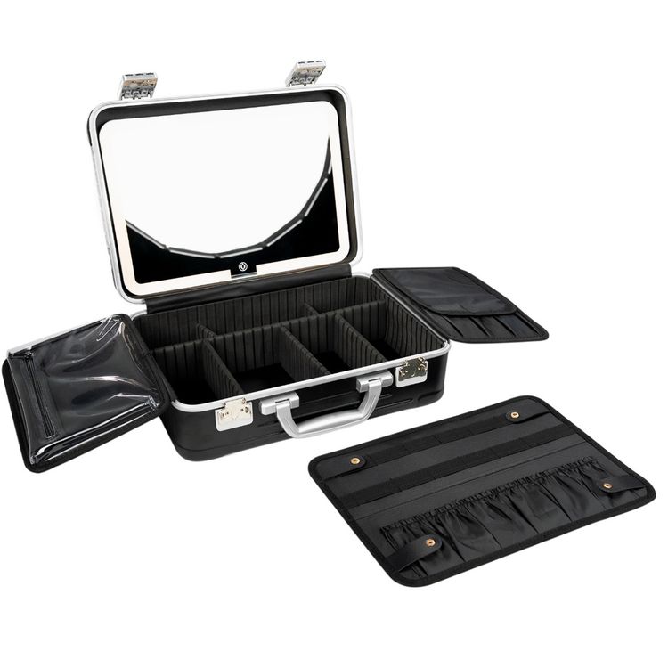 Porodo Travel Makeup Case with Detachable LED Mirror, 3000mA Battery, 144 LED Beads, 2800-6500K Color Temperature, 3 Light Modes, USB-C Charging Interface, Multiple Compartments - Black