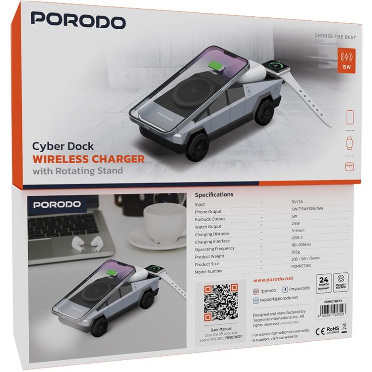 Porodo Cyber Dock 3-in-1 Wireless Charger with 15W Wireless Charging, 5W Earbuds Output, 2.5W Watch Output, 3-6mm Charging Distance, USB-C Charging Interface, 90°Motorized Rotation Stand - Gray