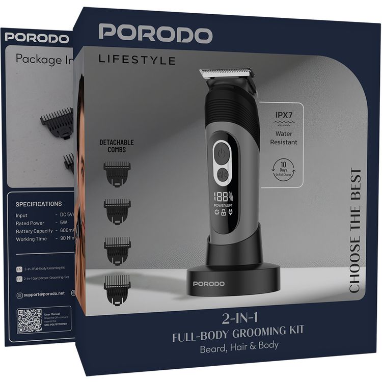 Porodo Lifestyle T-Blade Full-Body Grooming Kit with Metal Curved Blade, 90 Minutes Working Time, 600mAh Battery, USB-C Charging Port, Base, 2, 3, 6 & 9 mm Combs Included, 5W Rated Power, Wet & Dry Shaving - Black