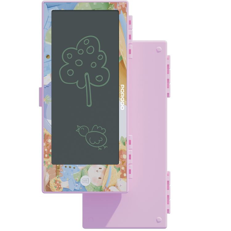 Porodo 2-in-1 Kids 7" LCD Writing Tablet with Pencil Case, One-Key Screen Lock, Battery Case, Erasing Button - Pink