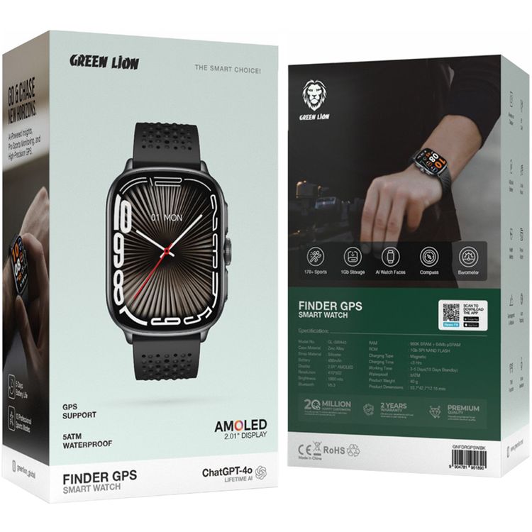 Green Lion Finder GPS Smart Watch with AMOLED 2.01 Display Size, Zinc Alloy Case Material, Silicone Strap Material, 400mAh Battery Capacity, Bluetooth Version 5.3, Magnetic Charging Type, Up to 3 Hours Charging Time, 3-5 Days Working Time, Auto Tracking, Health Metrics - Black