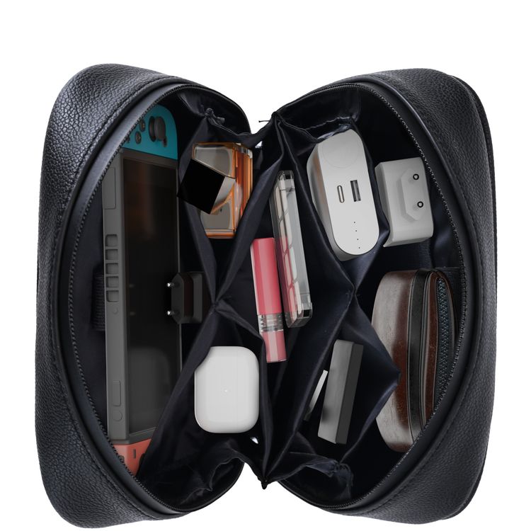 Levelo Pochette Pouch with Mesh Pocket, Built-in Grip Handle, PU Leather Finish & Durable Material, Ample Space, Multiple Compartments, Elastic Strap - Black