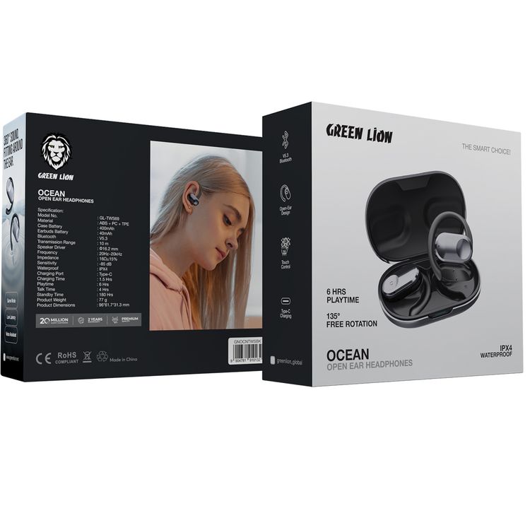 Green Lion Ocean Open-Ear Earbuds with Open-Ear Design, Up to 6 Hours Playtime, 135° Free Rotation, Game Mode, Low Latency, 180 Hours Standby Time, IPX4 Waterproof - Black