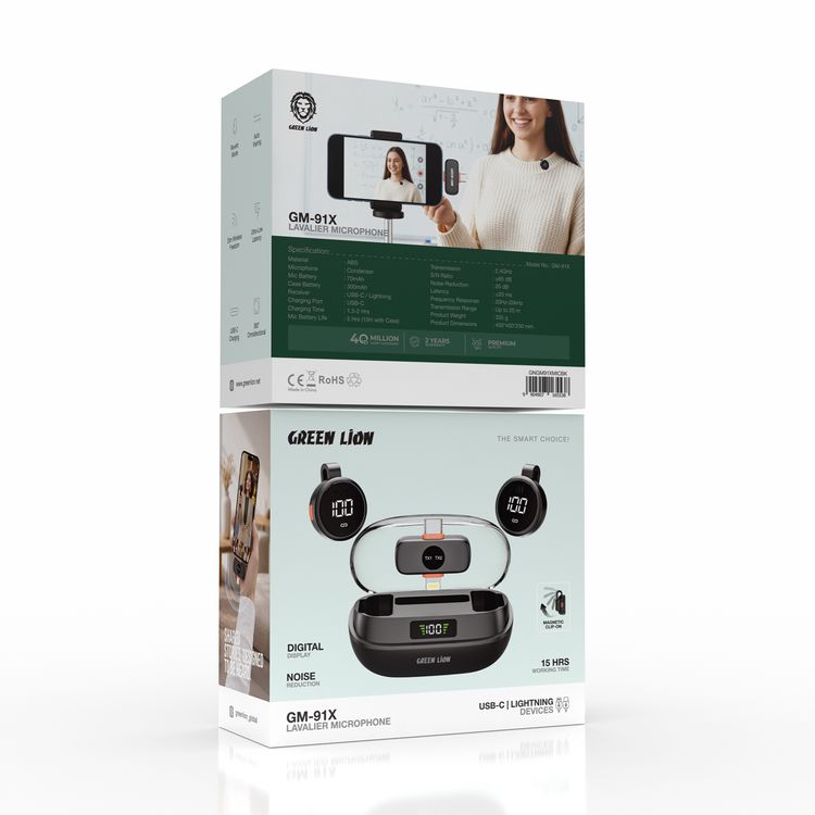 Green Lion GM-91X Lavalier Microphone with 15 Hours Play Time, Digital Display, Noise Reduction, Compatible with USB-C & Lightning Devices, Reverb Mode, Auto Pairing, Ultra-Low Latency, 20m Wireless Freedom, USB-C Charging Port, 360° Omnidirectional, Magnetic Clip-On - Black