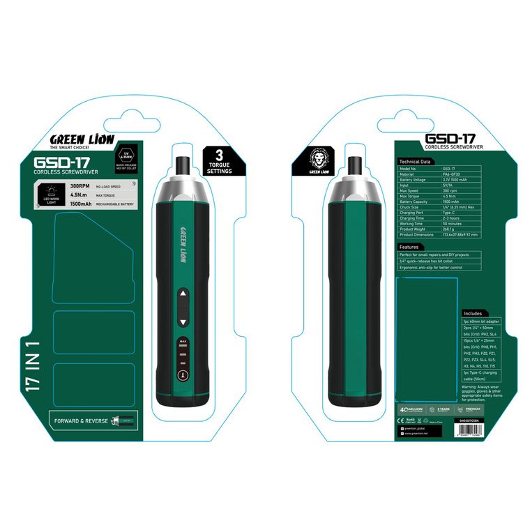 Green Lion GSD-17 Cordless Screwdriver with 17-in-1 Functionality, 300 RPM No-Load Speed, 3 Torque Settings, 1500mAh Rechargeable Battery, 1/4" Quick-Release Hex Bit Collet, LED Work Light, 50cm Type-C Charging Cable, 60mm Bit Adapter Included - Black