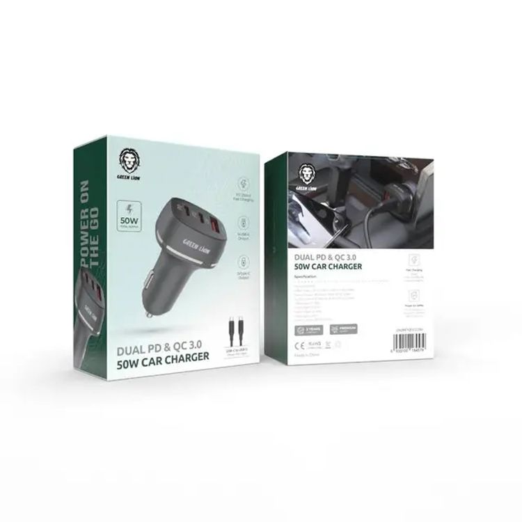 Green Lion Car Charger with Dual PD & Single QC3.0 Ports, USB-C to USB-C Cable, 50W Power up Safety, Multi Protection, Ultra Portable, Fast Charging - Black 