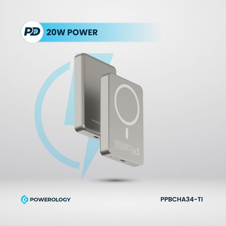 بنك الطاقة Powerology MagSafe من الألومنيوم بقدرة 10000 مللي أمبير في الساعة مع مؤشر لمستوى البطارية، تصميم خفيف الوزن وصغير الحجم، شحن سريع ومتزامن، مدخل ومخرج من النوع C، مخرج لاسلكي 15 وات - التيتانيوم