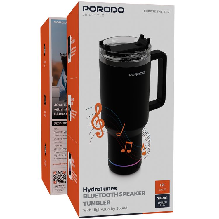Porodo HydroTunes Tumbler with Detachable Bluetooth Speaker Base, Bluetooth Version 5.3, 300mAh Battery, 1.2L Capacity, USB-C Charging Port, Dual-Function Design, Leakproof Silicone Lid, 3W Speaker Output Power - Black