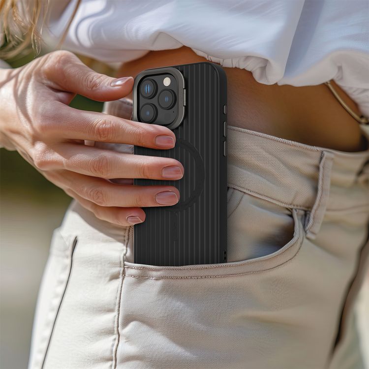 Levelo Livia Case for iPhone 16 Pro Max with MagSafe Compatibility, Impact-Resistant Corners, Built-in Kickstand, TPU with Silicone Surface, Metal Camera Ring - Black