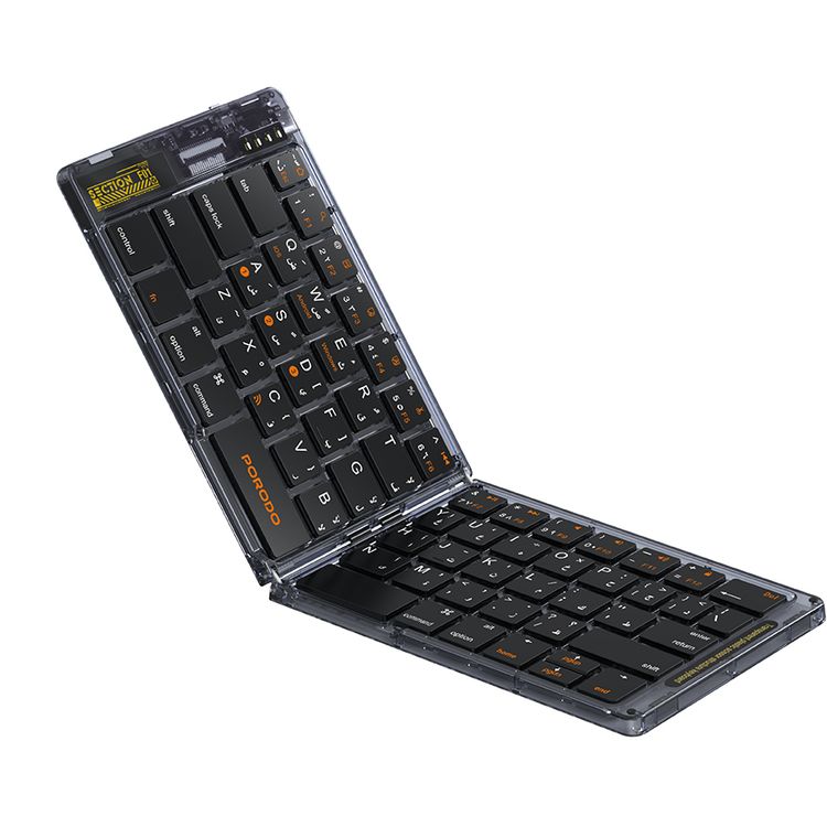 Porodo Crystal Shell Wireless Keyboard, Transparent, Bluetooth Connection, Foldable, 65 Keys + Arabic Layout, 80mAh Lithium Battery, Scissor Key Switches, Compatible with Windows, iOS, Android, Mac - Black