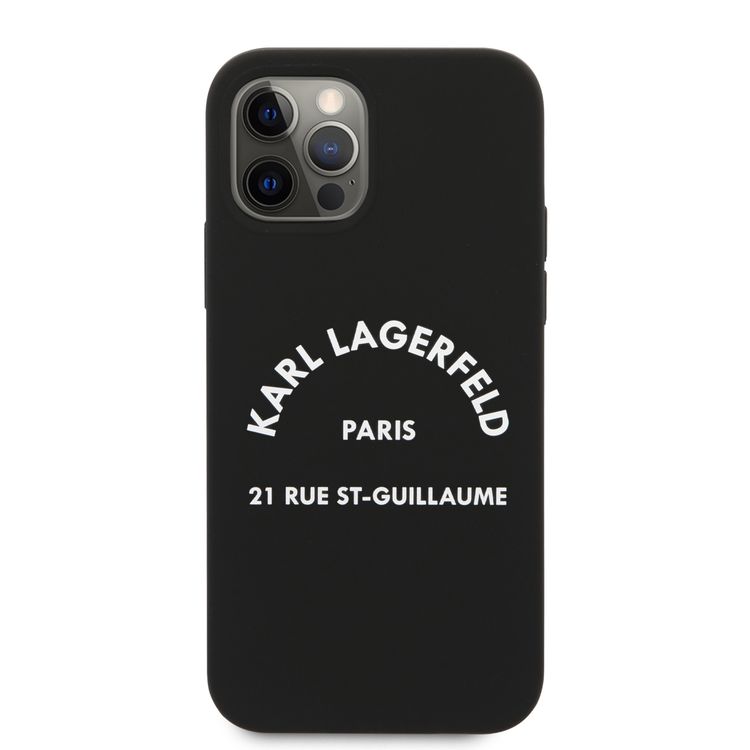 CG Mobile Karl Lagerfeld Silicone Hard Case RSG White Logo Compatible for Apple iPhone 12 / 12 Pro (6.1"), Easy Access to All Ports, Scratch Resistant & Drop Protection Back Cover Suitable with Wireless Charger Officially Licensed - Black